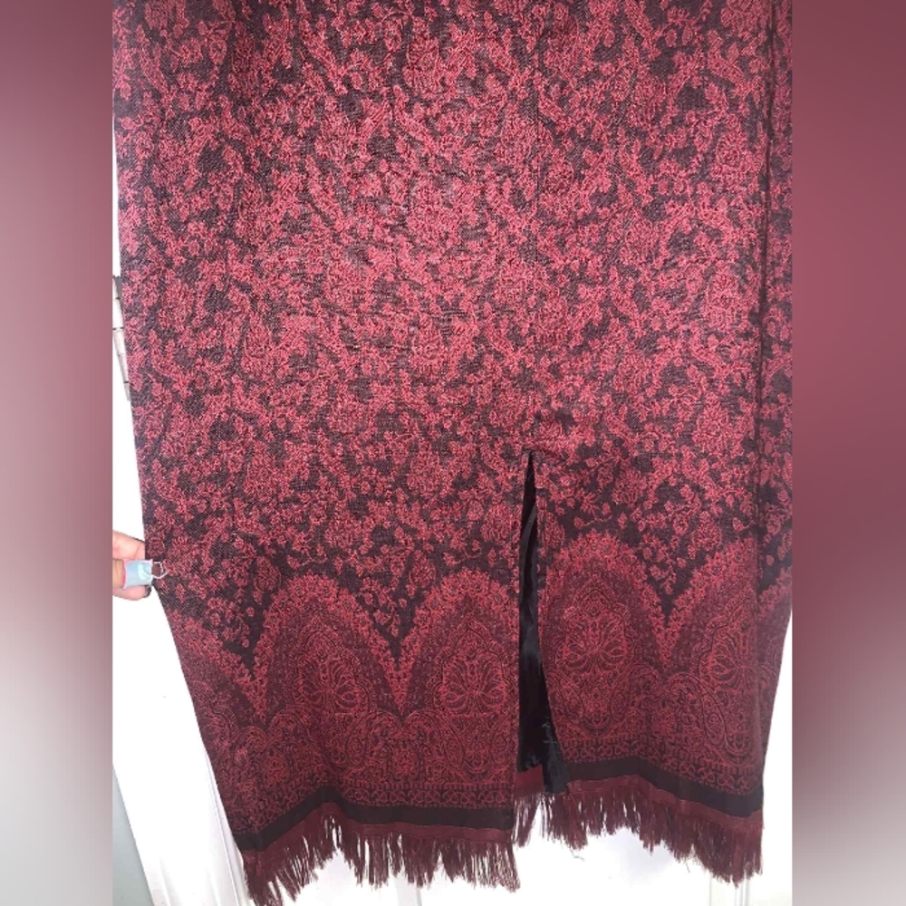 Christopher & Banks Elegant Black Burgundy Floral Maxi Skirt Fringe - Picture 3 of 6